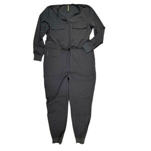 Athleta Zuma Jumpsuit Women Large Navy Blue Pant Long Sleeve Zip Pantsuit Jogger